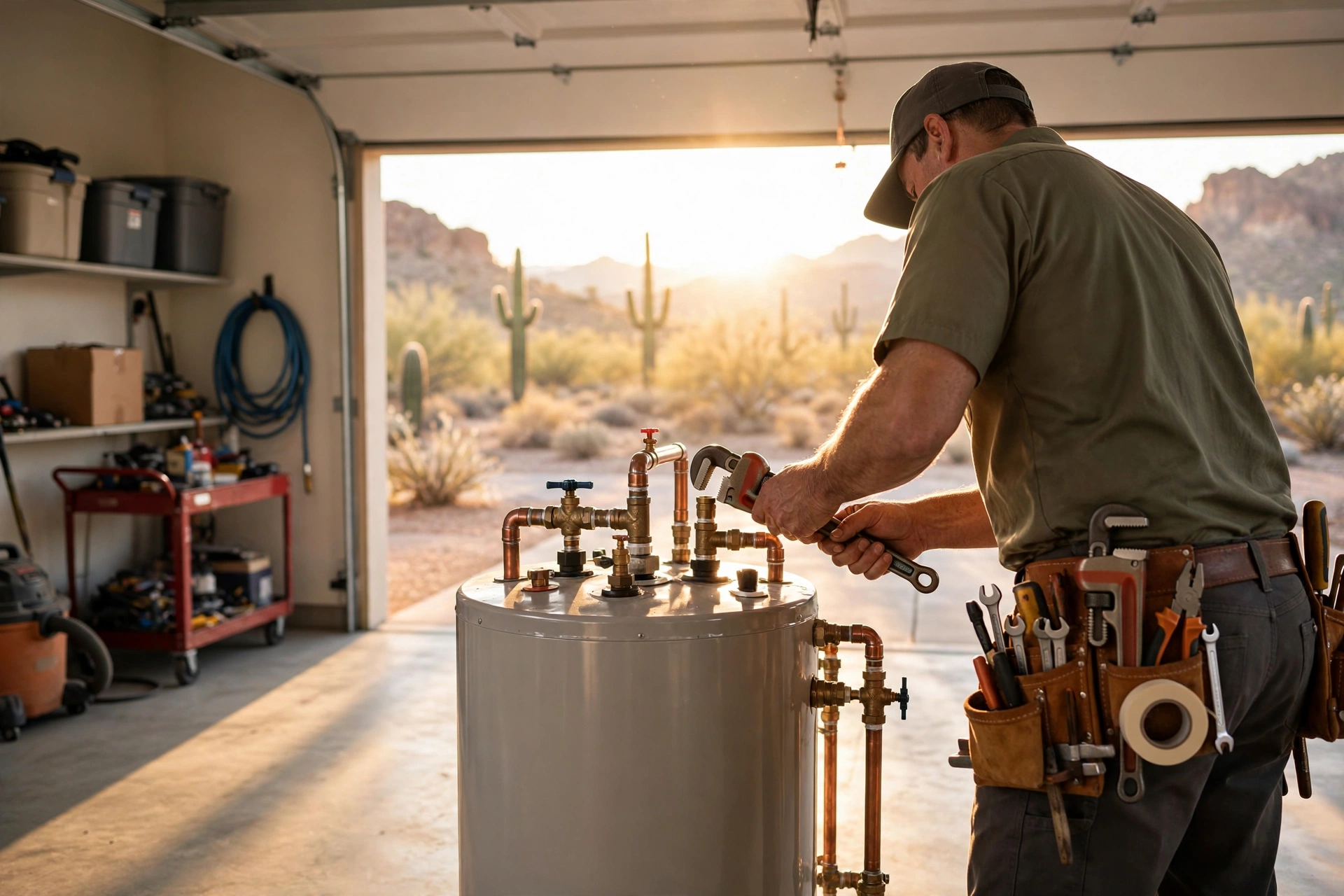Plumber installing a water heater in a Bullhead City home